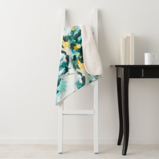 Moderne Abstracte Blauwgroen en gele vormgeving Sherpa Deken (In situ)