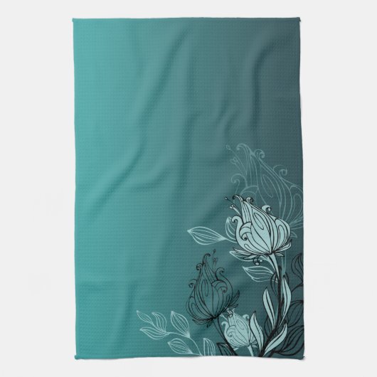 Moderne Abstracte Blauwgroen Floral Theedoek (Verticaal)