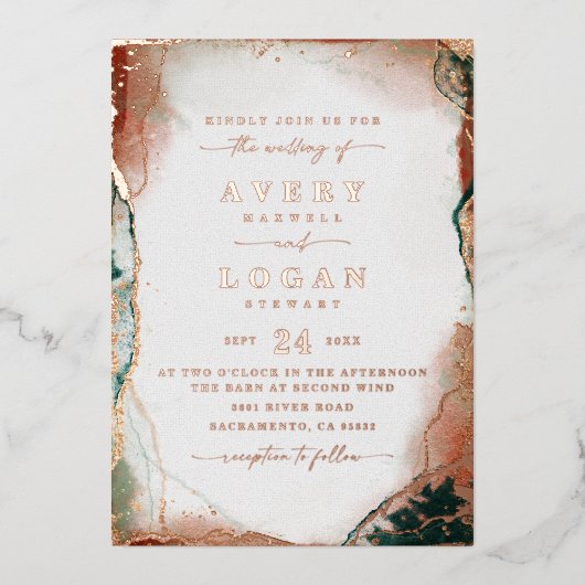 Moderne Abstracte Blauwgroen gouden bruiloft in on Folie Uitnodiging (Voorkant)