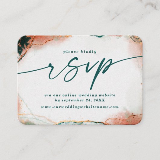 Moderne Abstracte Blauwgroen & Koperbruiloft Websi Informatiekaartje (Voorkant)