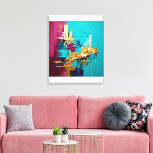 Moderne Abstracte Blauwgroen, Magneta en Gold Swir Canvas Afdruk (Insitu (Woonkamer))