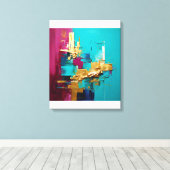Moderne Abstracte Blauwgroen, Magneta en Gold Swir Canvas Afdruk (Insitu (Houten vloer))