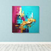 Moderne Abstracte Blauwgroen, Magneta en Gold Swir Canvas Afdruk (Insitu (Houten vloer))