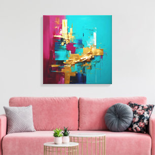Moderne Abstracte Blauwgroen, Magneta en Gold Swir Canvas Afdruk