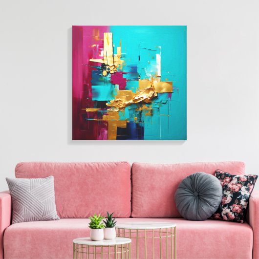 Moderne Abstracte Blauwgroen, Magneta en Gold Swir Canvas Afdruk (Insitu (Woonkamer))