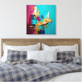 Moderne Abstracte Blauwgroen, Magneta en Gold Swir Canvas Afdruk (Insitu (Slaapkamer))