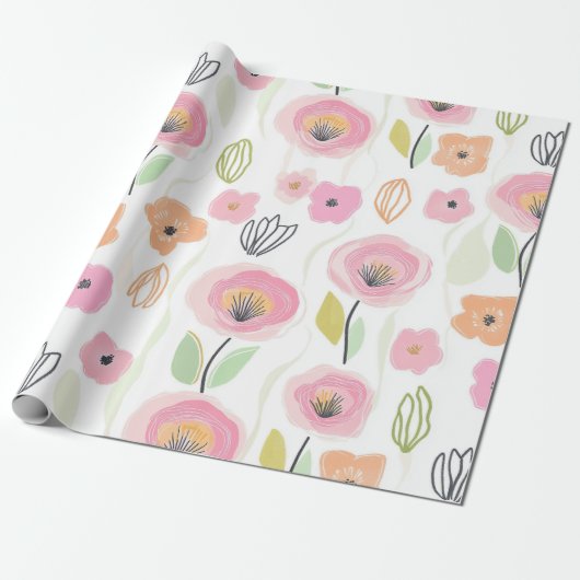 Moderne Abstracte Bloem Lijn Patroon (2) Cadeaupapier (Uitgerold)