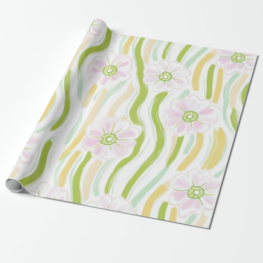 Moderne Abstracte Bloem Lijn Patroon (4) Cadeaupapier (Uitgerold)