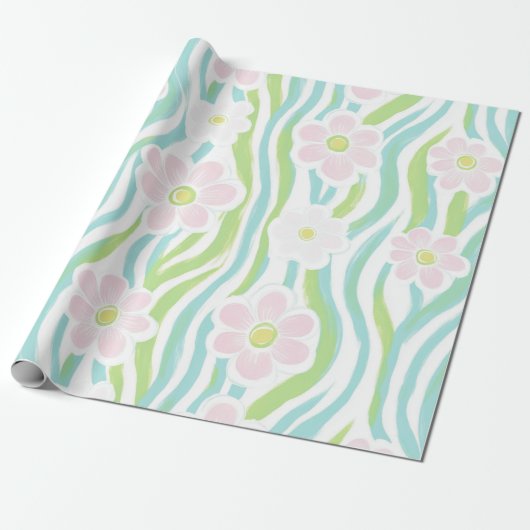 Moderne Abstracte Bloem Lijn Patroon (8) Cadeaupapier (Uitgerold)