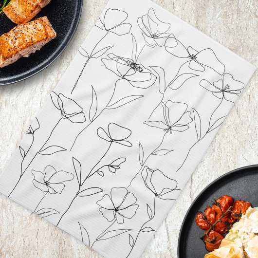 Moderne Abstracte Bloem Zwart Wit Minimaal Bloemmo Theedoek