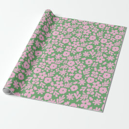 Moderne Abstracte bloemen en bladeren groen roze Cadeaupapier
