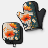 Moderne Abstracte bloemen in Sinaasappel en zwart Ovenwant & Pannenlap Set (Voorkant / Achterkant)