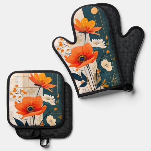 Moderne Abstracte bloemen in Sinaasappel en zwart Ovenwant & Pannenlap Set (Voorkant / Achterkant)