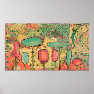 Moderne Abstracte Bloemen Mixed Media Schilderkuns Poster