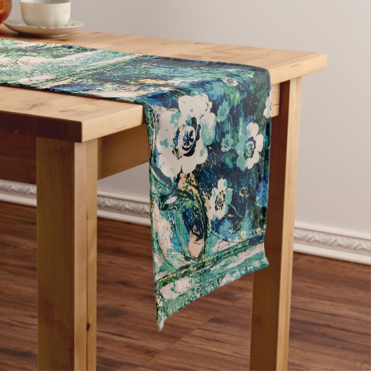 Moderne Abstracte Bloemige Blauw Groen Geel Wit Medium Tafelloper (Voorbeeld)
