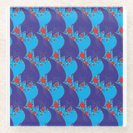 Moderne abstracte BLUE en rode regenboogdruppels Glazen Onderzetter (Voorkant)