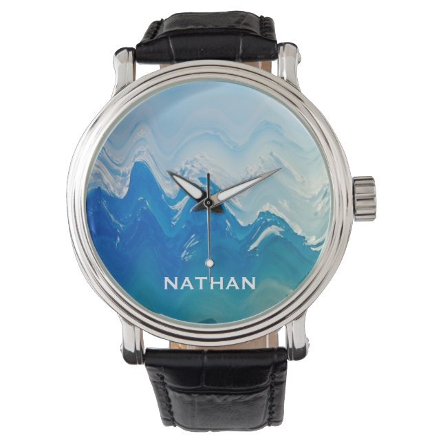 Moderne Abstracte Blue Ocean Art gepersonaliseerd Horloge (Voorkant)