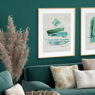 Moderne Abstracte Boho Style Waterverf Groen in go Folie Afdrukken