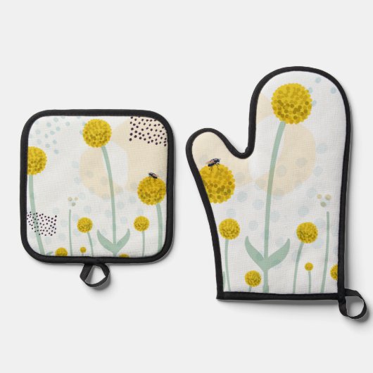Moderne Abstracte Botanische Gele Billy Button Ovenwant & Pannenlap Set (Voorkant)