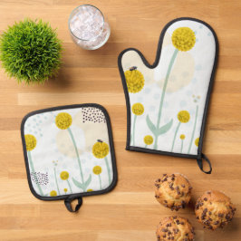 Moderne Abstracte Botanische Gele Billy Button Ovenwant & Pannenlap Set