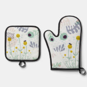 Moderne Abstracte Botanische Gele Billy Button Ovenwant & Pannenlap Set (Voorkant)