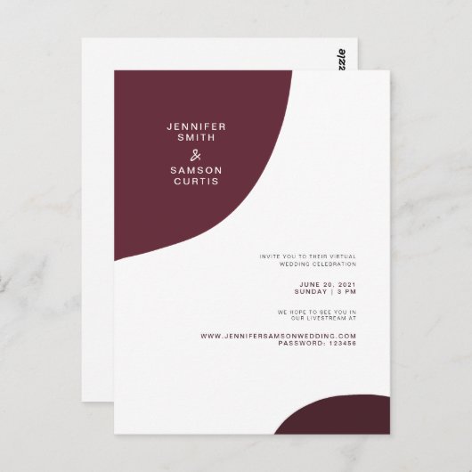 Moderne Abstracte Bourgogne virtuele bruiloft Briefkaart (Voorkant / Achterkant)