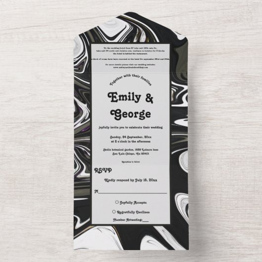 Moderne Abstracte bruiloft in zwart-wit All In One Uitnodiging (Binnen)