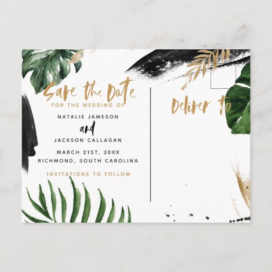 Moderne, abstracte bruiloft met tropische waanzin, aankondigingskaart (Achterkant)