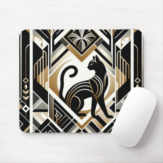 Moderne Abstracte decoratieve zwarte kat mousepad Muismat (Met muis)