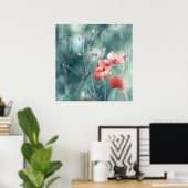 Moderne Abstracte droomroze Blauwgroen papaver Poster (Thuiskantoor)