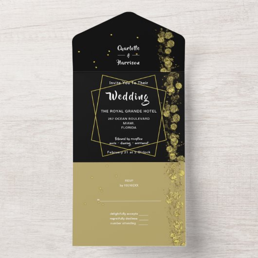 Moderne Abstracte Elegante Zwart Gouden Huwelijk All In One Uitnodiging (Binnen)