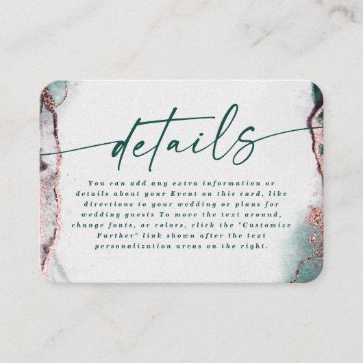 Moderne Abstracte Emerald Green Wedding Details Informatiekaartje (Voorkant)