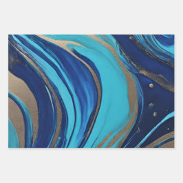 Moderne Abstracte Flow Art- Blauw en Goud Inpakpapier Vel