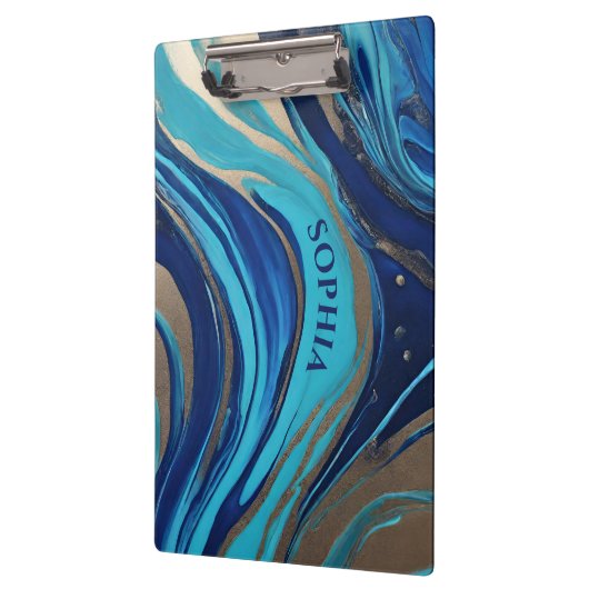 Moderne Abstracte Flow Art- Blauw en Goud- Klembord (Links)