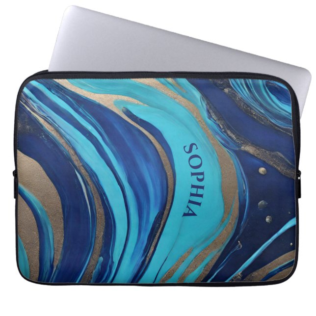 Moderne Abstracte Flow Art- Blauw en Goud- Laptop Sleeve (Voorkant)