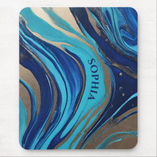 Moderne Abstracte Flow Art- Blauw en Goud- Muismat