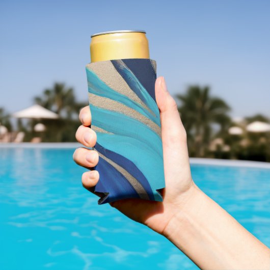 Moderne Abstracte Flow Art- Blauw en Goud- Seltzer Blikjeskoeler (Insitu Zwembad)