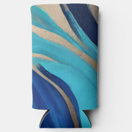 Moderne Abstracte Flow Art- Blauw en Goud- Seltzer Blikjeskoeler