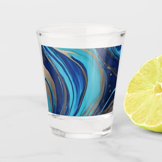 Moderne Abstracte Flow Art- Blauw en Goud- Shot Glas (Voorkant)
