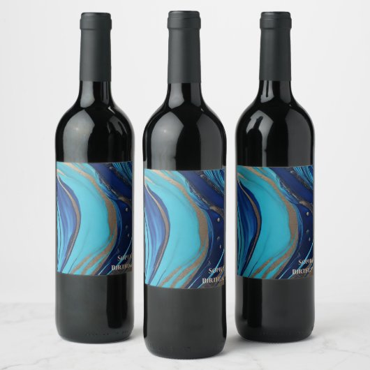 Moderne Abstracte Flow Art- Blauw en Goud- Wijn Etiket (Flessen)