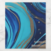 Moderne Abstracte Flow Art- Blauw en Goud- Wijn Etiket (Enkel label)