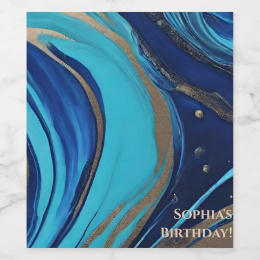 Moderne Abstracte Flow Art- Blauw en Goud- Wijn Etiket (Enkel label)