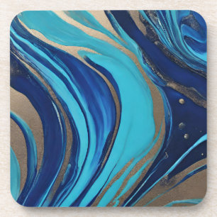 Moderne Abstracte Flow Art-Blue en Gold- Bier Onderzetter