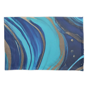 Moderne Abstracte Flow Art-Blue en Gold- Kussensloop