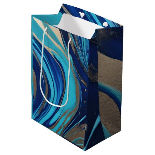 Moderne Abstracte Flow Art-Blue en Gold- Medium Cadeauzakje (Voorkant Gekanteld)