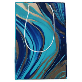Moderne Abstracte Flow Art-Blue en Gold- Medium Cadeauzakje