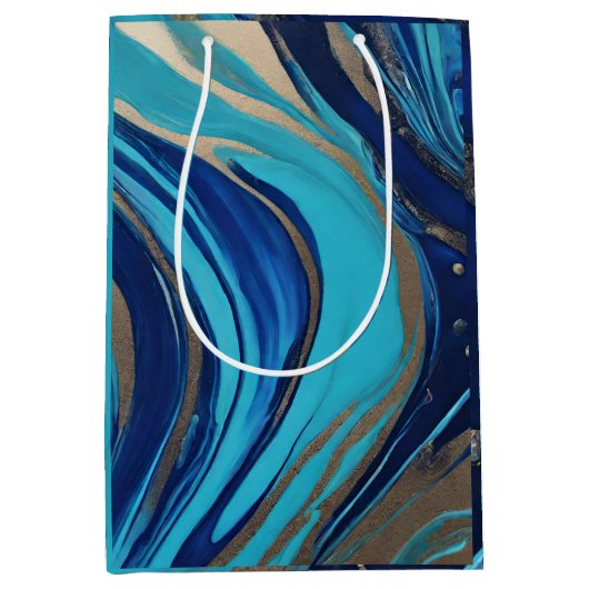 Moderne Abstracte Flow Art-Blue en Gold- Medium Cadeauzakje (Voorkant)