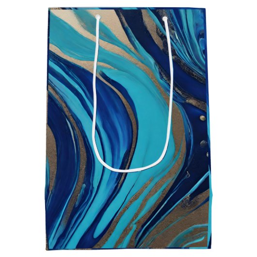 Moderne Abstracte Flow Art-Blue en Gold- Medium Cadeauzakje (Achterkant)