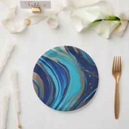 Moderne Abstracte Flow Art-Blue en Gold- Papieren Bordje