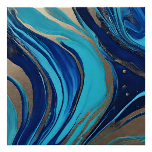Moderne Abstracte Flow Art-Blue en Gold- Perfect Poster